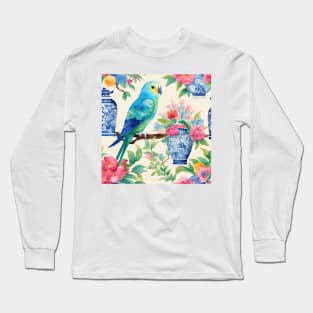 Chinoiserie blue budgies and ginger jars watercolor Long Sleeve T-Shirt